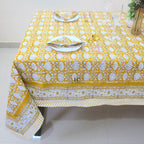 Mustard Floral Tablecloth: Hand-Block Printed Cotton, Waterproof Rustic Cover