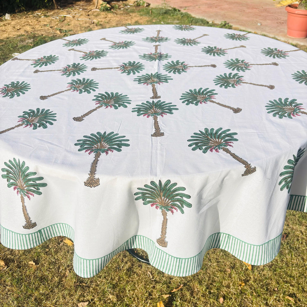 Hand Block Print Tablecloth: Tropical Palm Tree, 72 inch Round Cotton