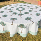 Hand Block Print Tablecloth: Tropical Palm Tree, 72 inch Round Cotton