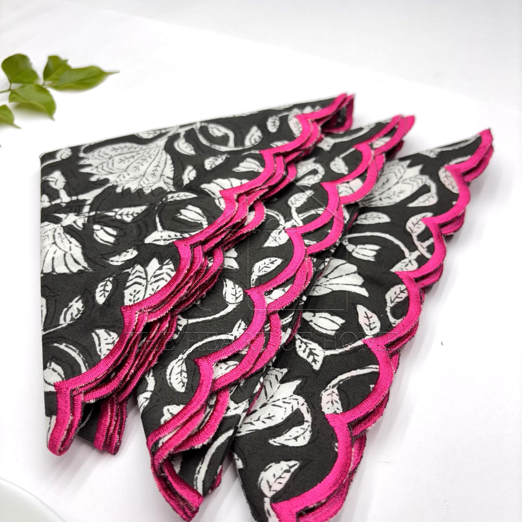 Black Pink scallop cotton Embroidery Napkins for table decoration and christmas gift | Reusable Floral Table Linen