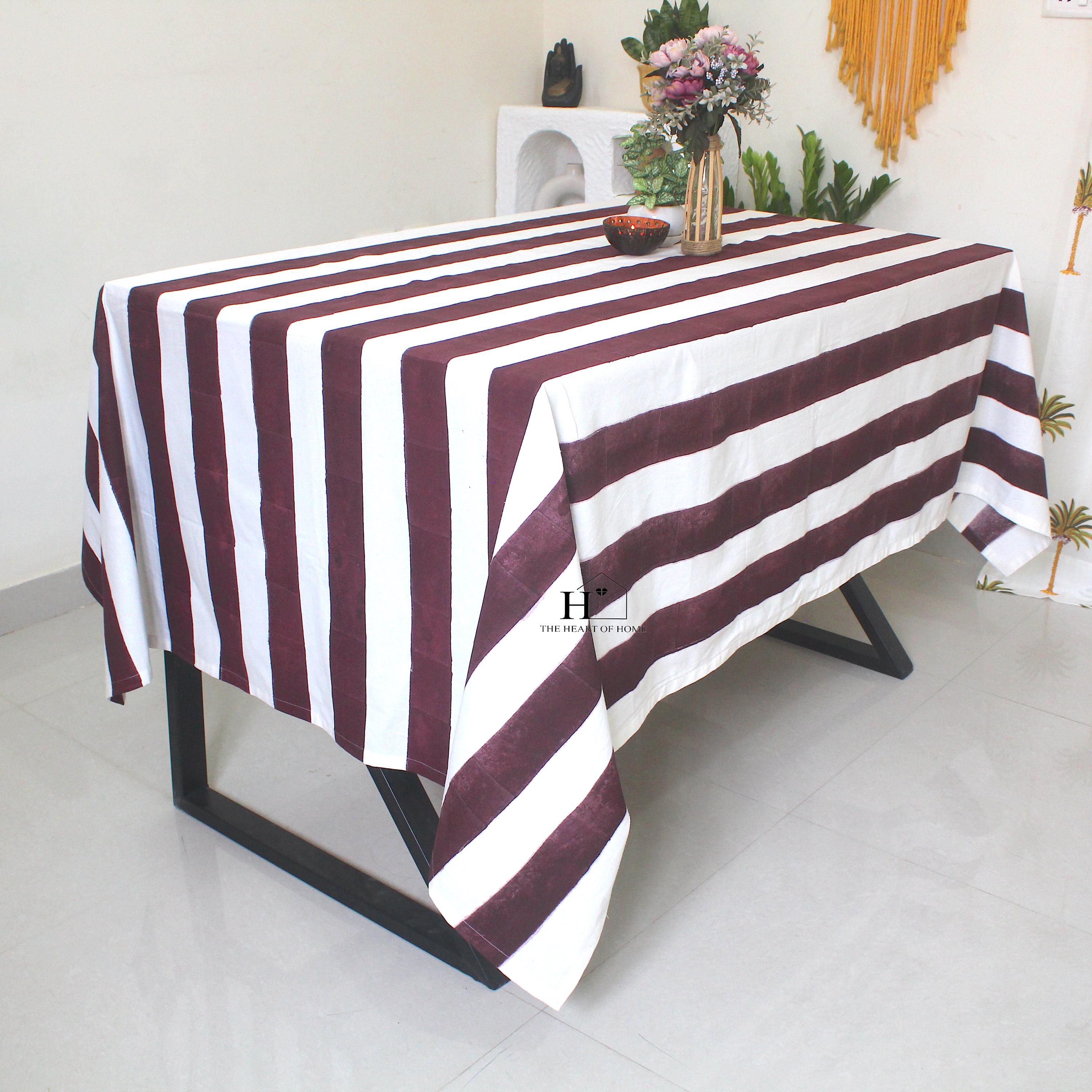 Hand-Block Stripe Cotton Tablecloth: Waterproof Rustic Farmhouse Table Cover