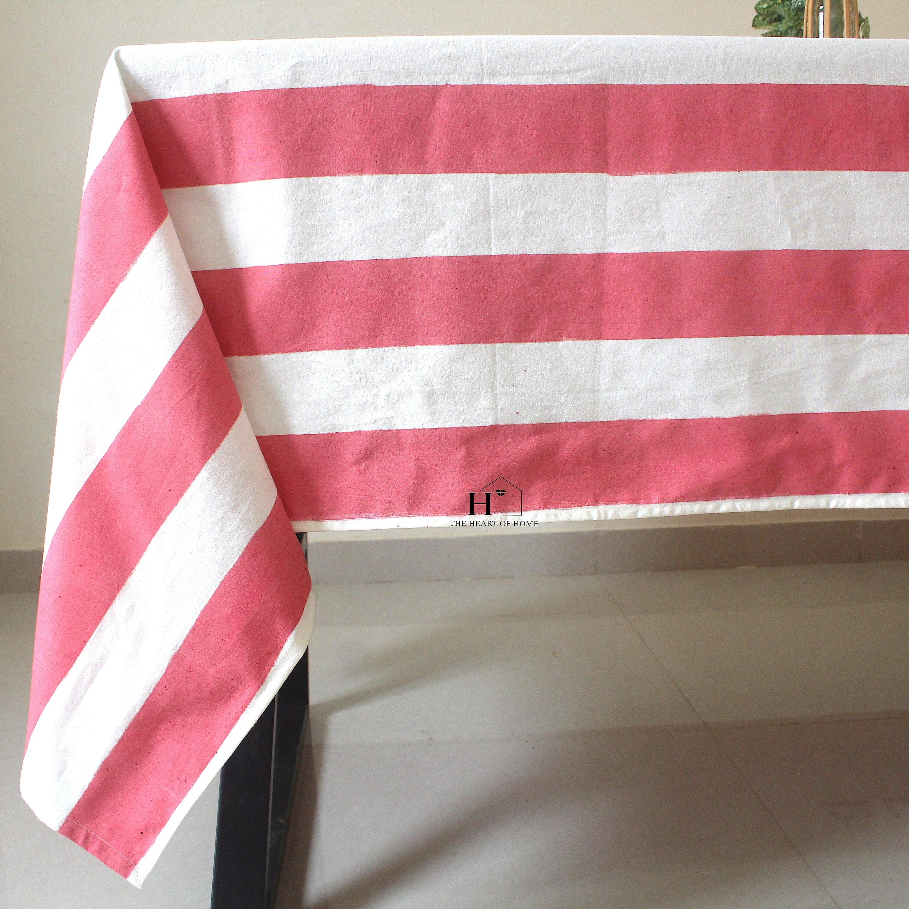 Hand-Block Rosy Pink Stripe Cotton Tablecloth: Waterproof Farmhouse Table Cover
