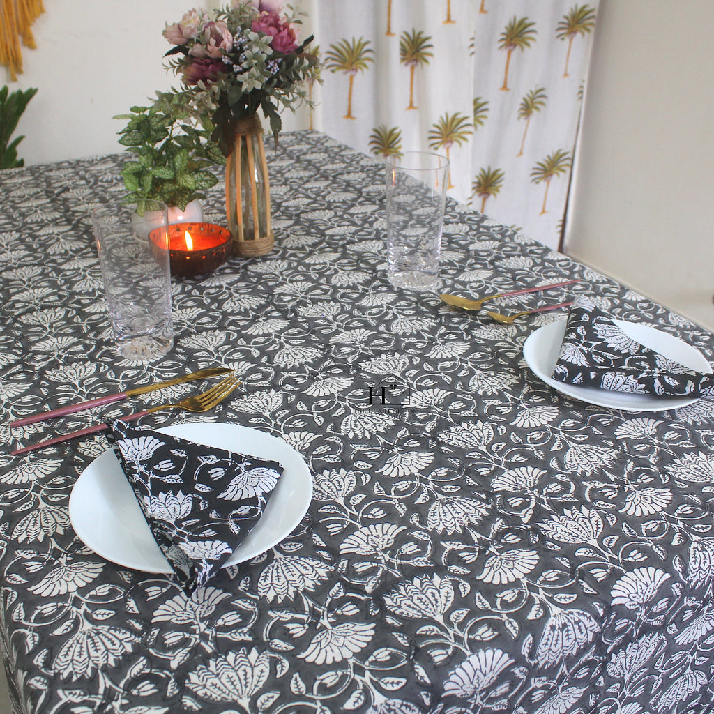 Black Floral Block Print Cotton Tablecloth - Waterproof Rustic Dining Cover
