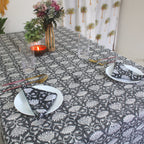 Black Floral Block Print Cotton Tablecloth - Waterproof Rustic Dining Cover