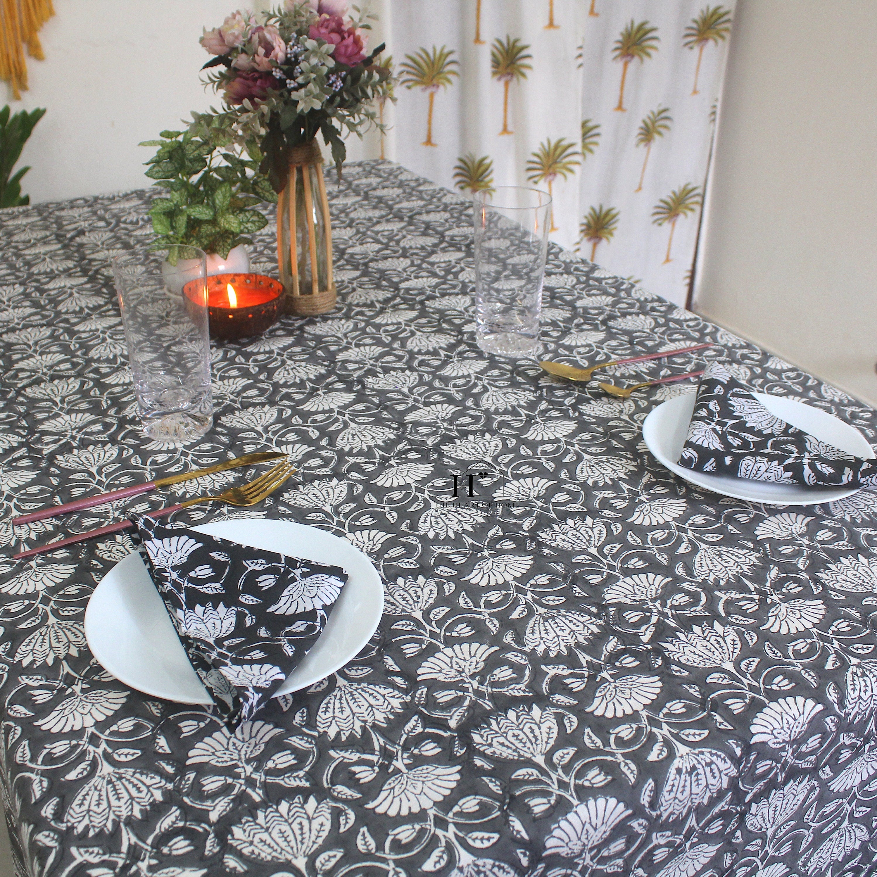Black Floral Block Print Cotton Tablecloth - Waterproof Rustic Dining Cover