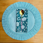 Teal Blue Floral Quilted Placemat & Napkin Set: Indian Artisan Craft