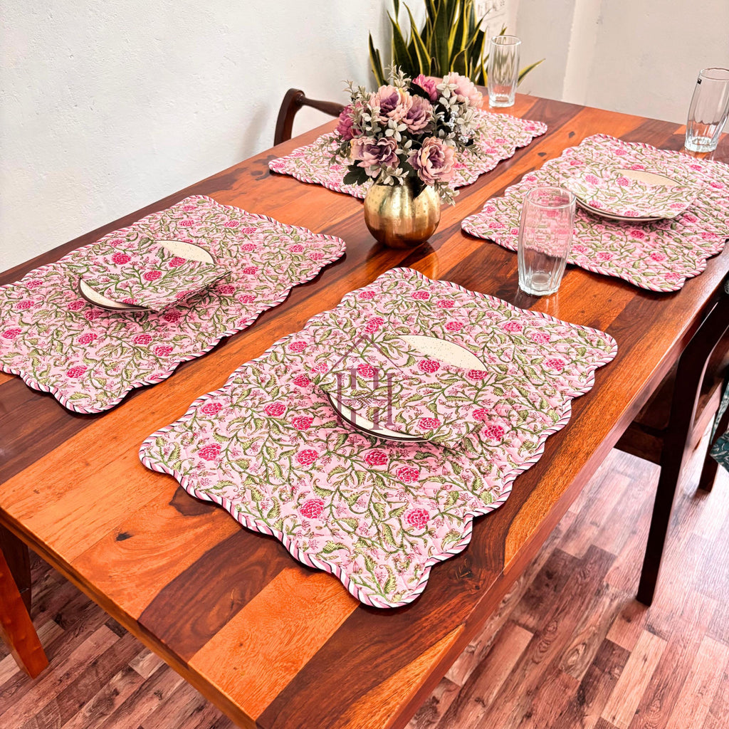 Cotton quilted mats hand block printed Rose Pink Floral 14x20 Inch Reversible 100% Cotton, Washable, Soft & Absorbent, Perfect for Wedding