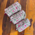 Handblock Printed Quilted Cosmetic Pouch Set: Pink Toiletry Bags, Travel Organizers