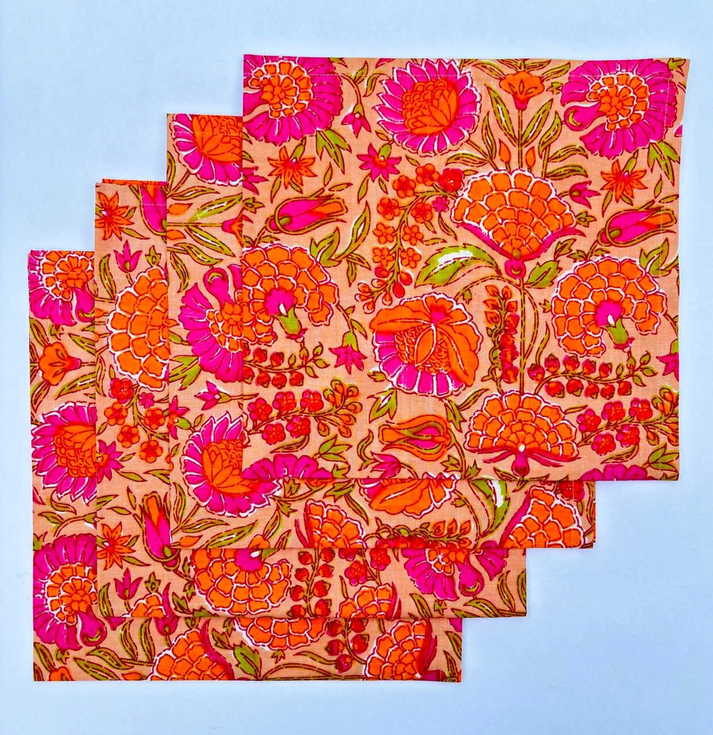 Hand Block Printed Orange Floral Napkins: Fall Table Decor