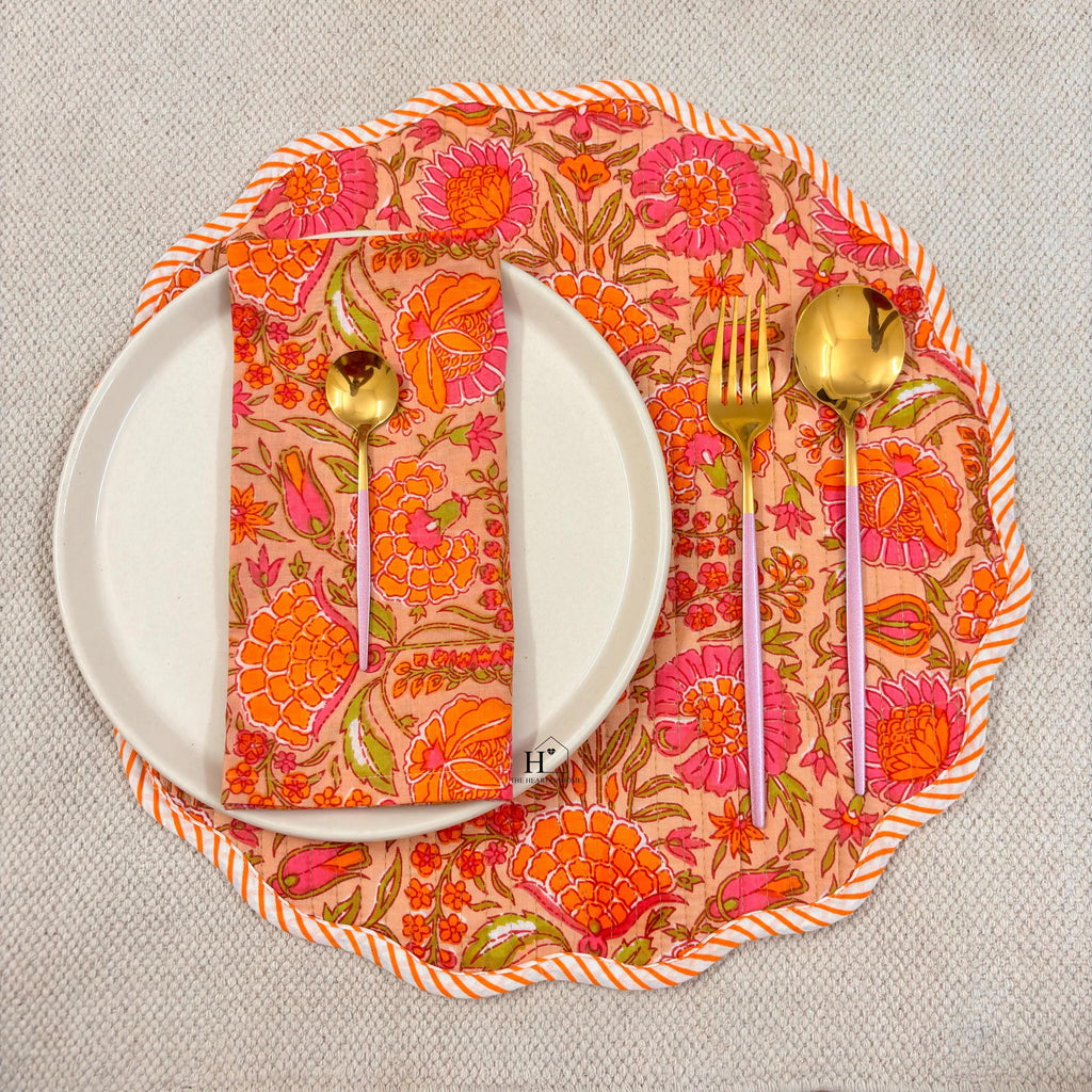 Handcrafted Orange Floral Quilted Placemat & Napkin Set