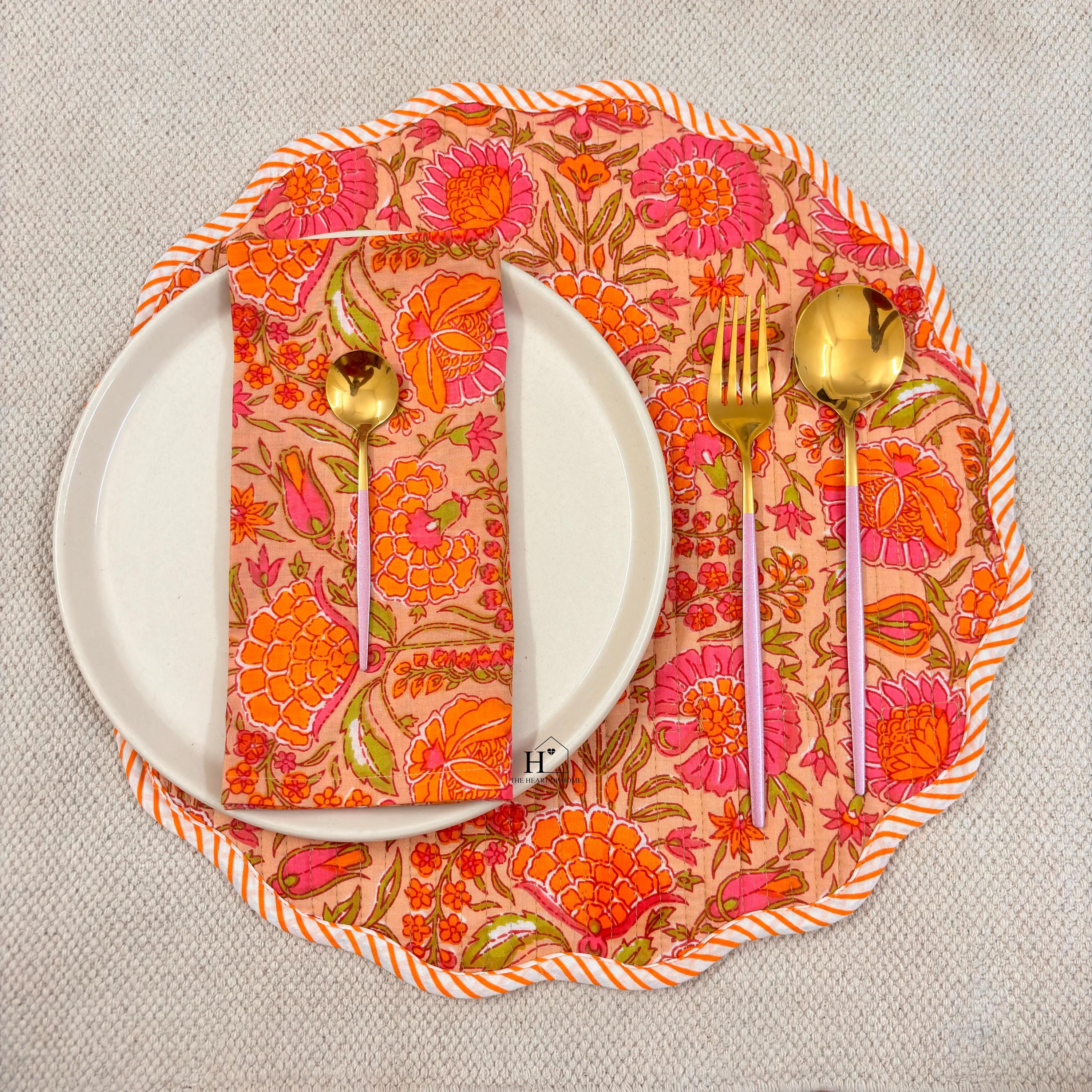 Handcrafted Orange Floral Quilted Placemat & Napkin Set