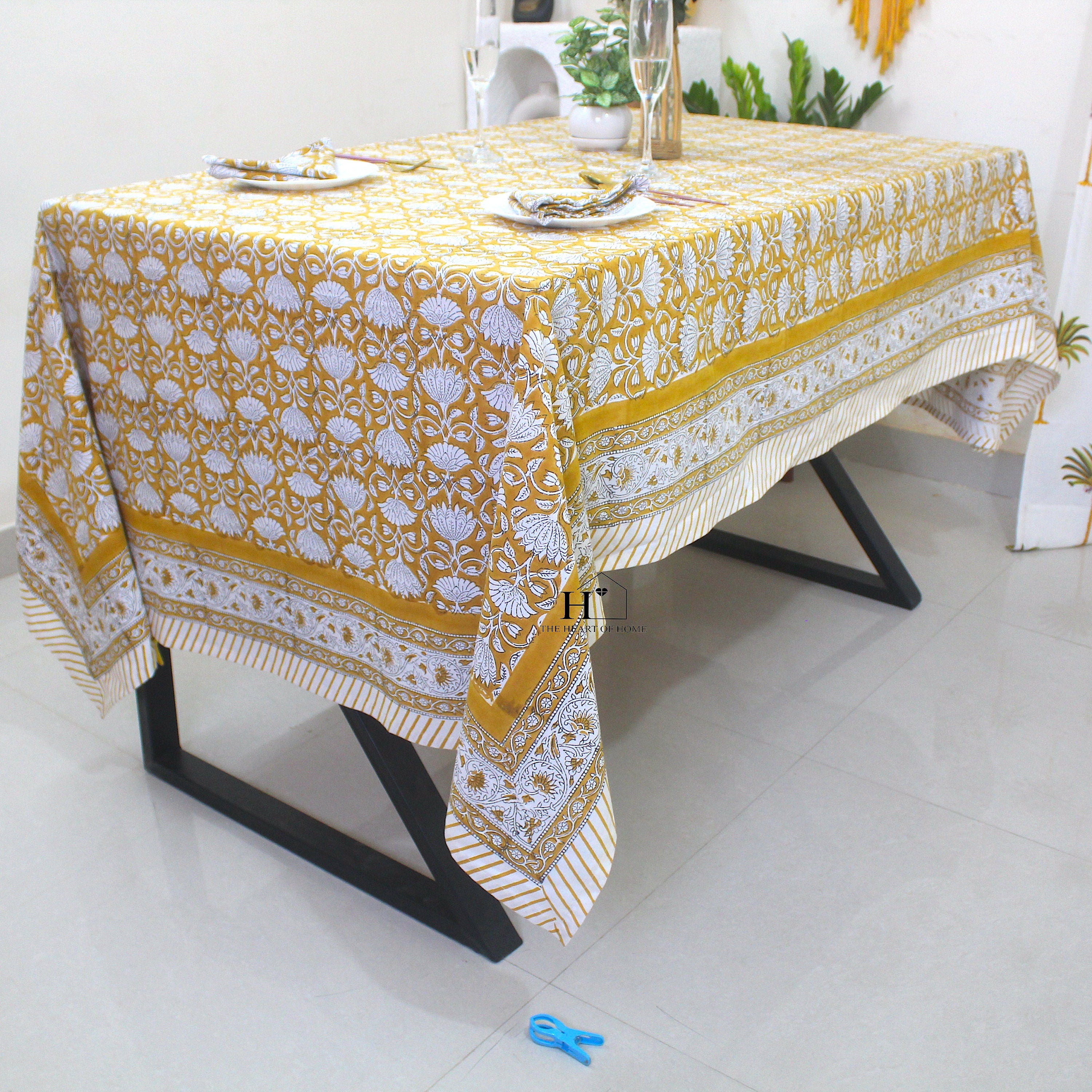 Mustard Floral Tablecloth: Hand-Block Printed Cotton, Waterproof Rustic Cover