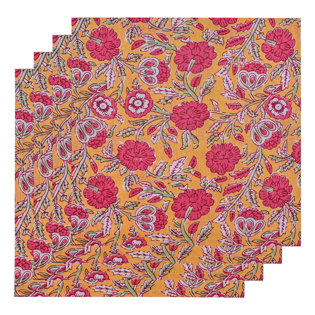 Hand Block Printed Cloth Napkins: Mustard & Pink Floral Cotton Dining Decor