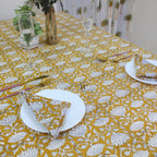 Mustard Floral Tablecloth: Hand-Block Printed Cotton, Waterproof Rustic Cover