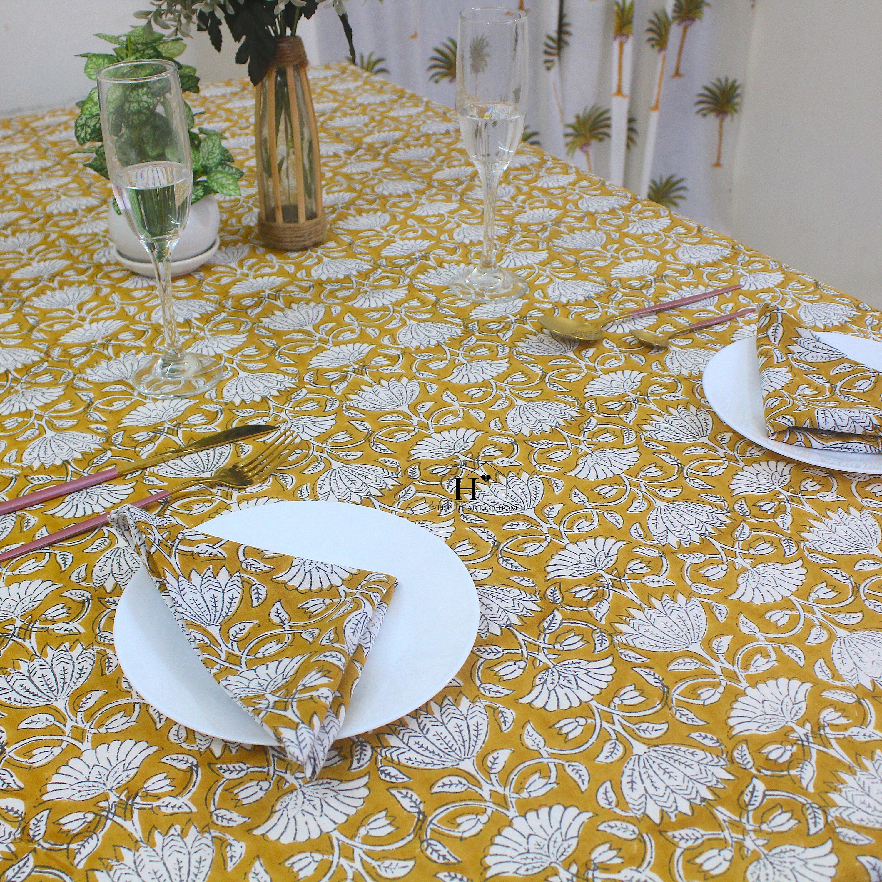 Mustard Floral Tablecloth: Hand-Block Printed Cotton, Waterproof Rustic Cover