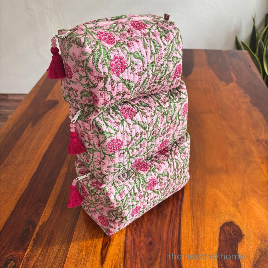 Handblock Printed Quilted Cosmetic Pouch Set: Pink Toiletry Bags, Travel Organizers
