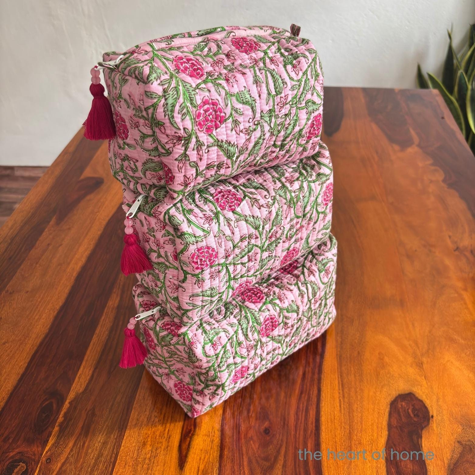 Handblock Printed Quilted Cosmetic Pouch Set: Pink Toiletry Bags, Travel Organizers