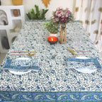 Blue Floral Block Print Tablecloth: Waterproof Cotton Dining Table Cover