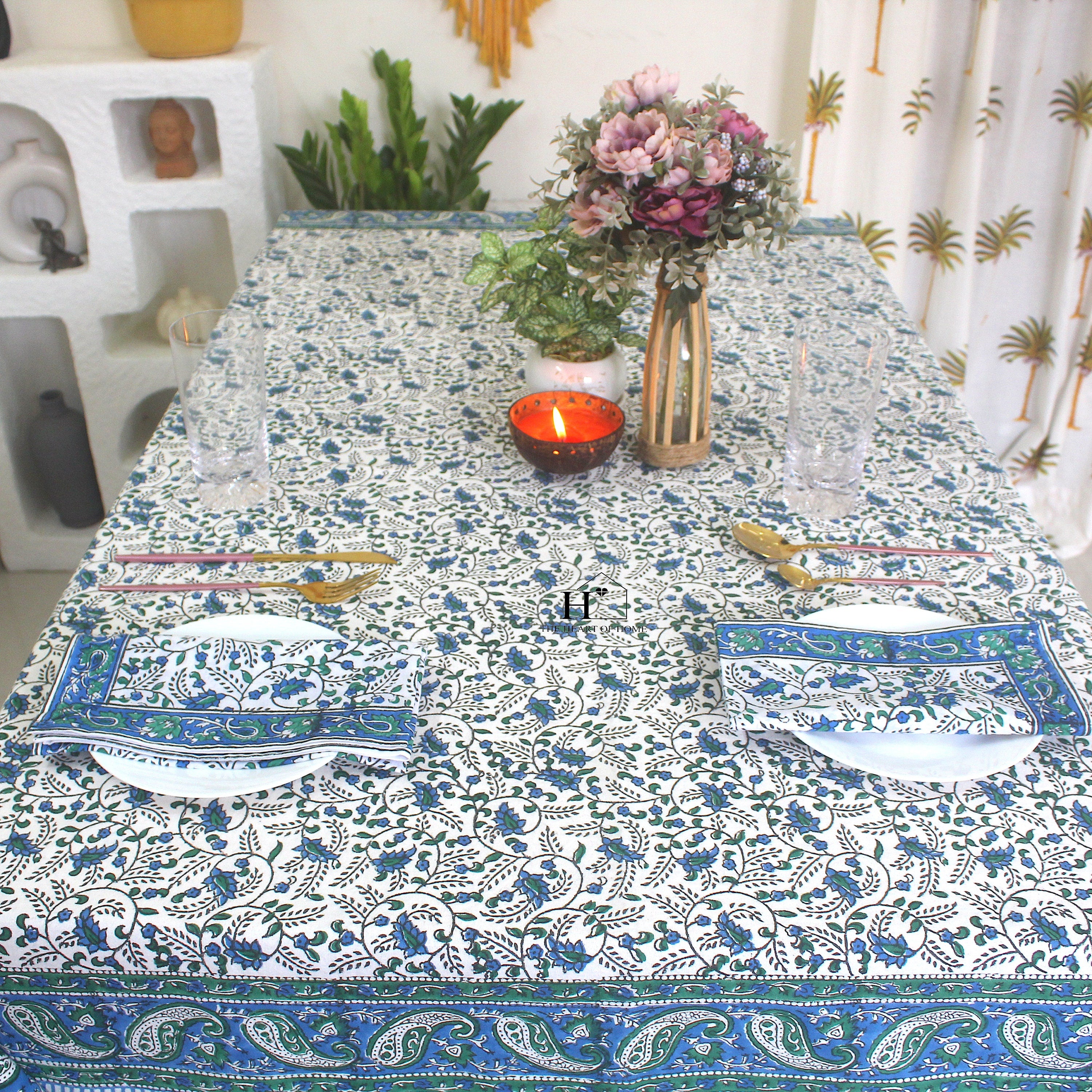 Blue Floral Block Print Tablecloth: Waterproof Cotton Dining Table Cover