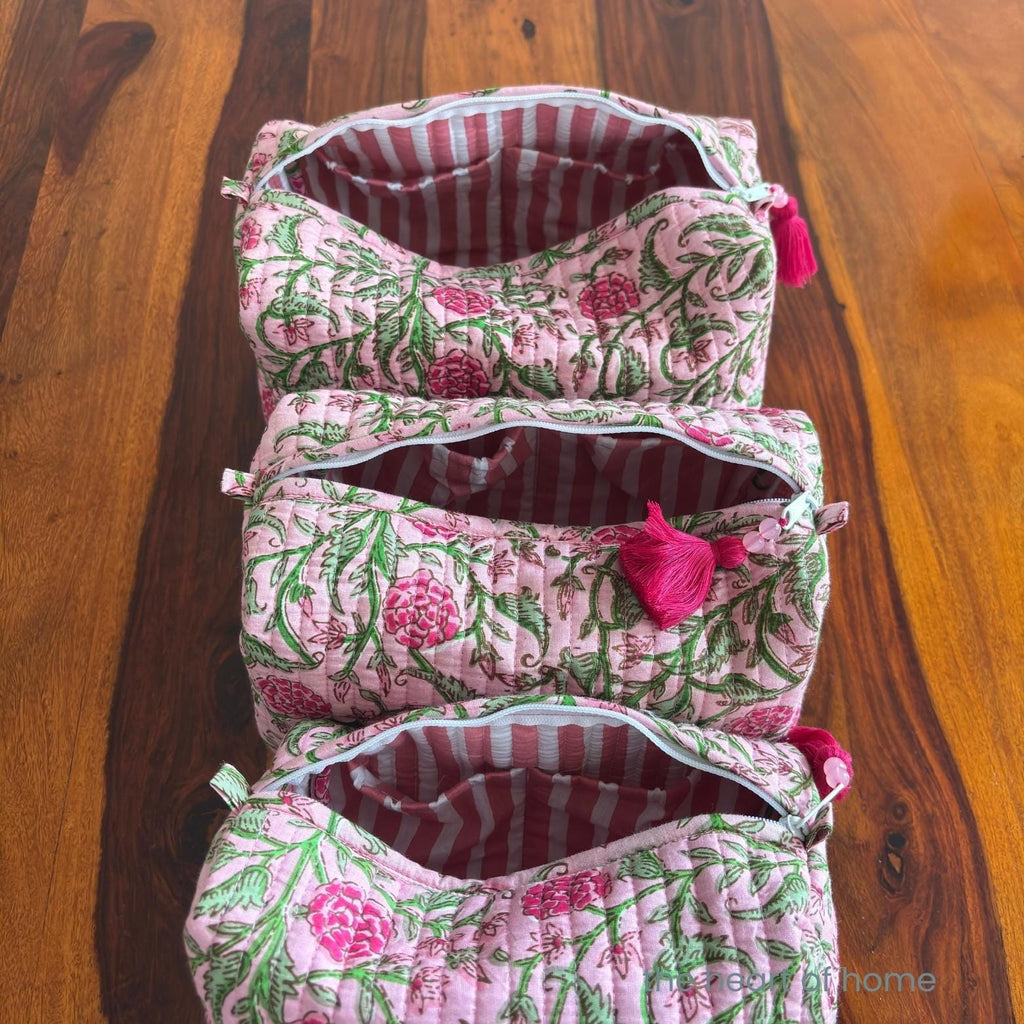 Handblock Printed Quilted Cosmetic Pouch Set: Pink Toiletry Bags, Travel Organizers