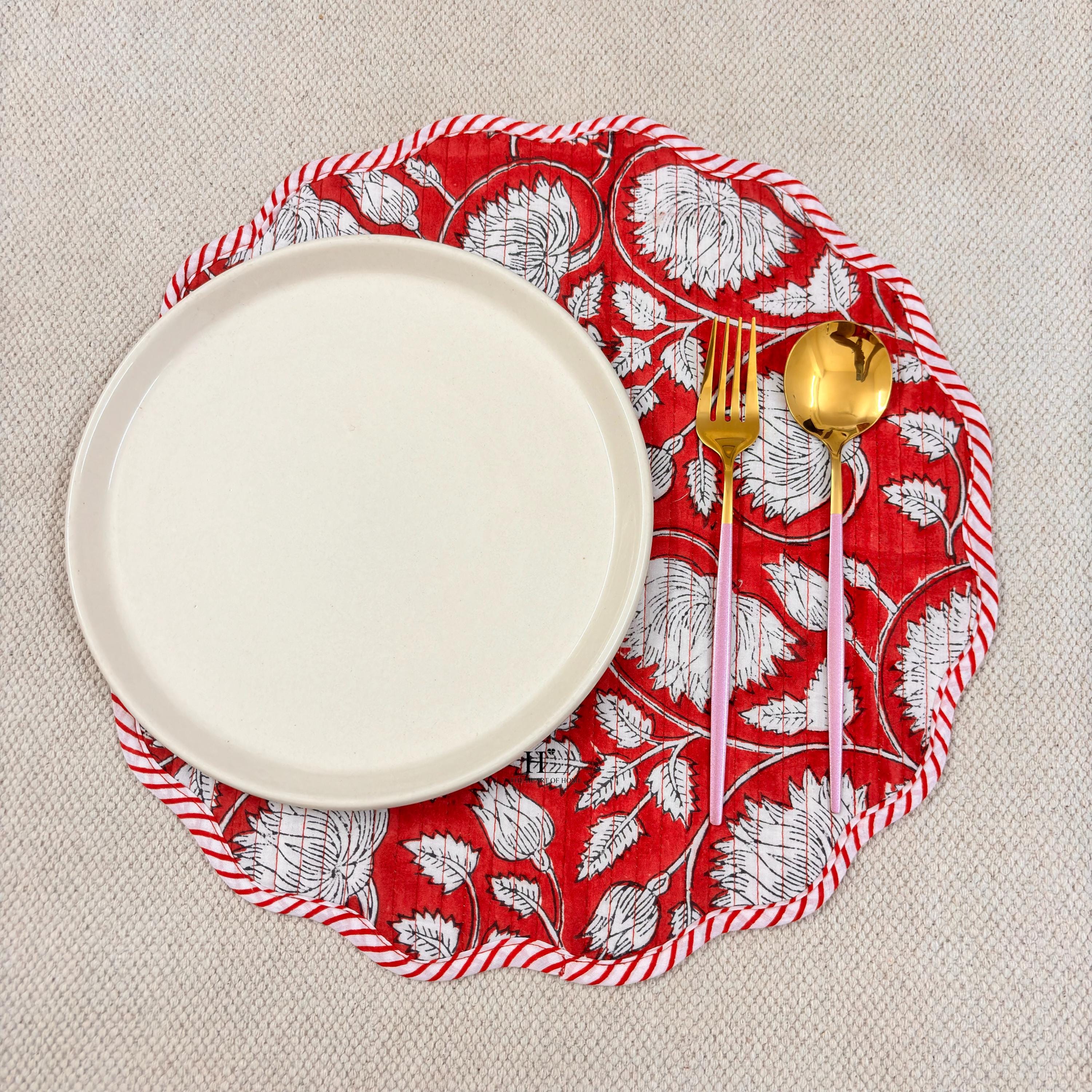 Handcrafted Red Floral Quilted Placemat & Napkin Set: Cotton Dining Decor