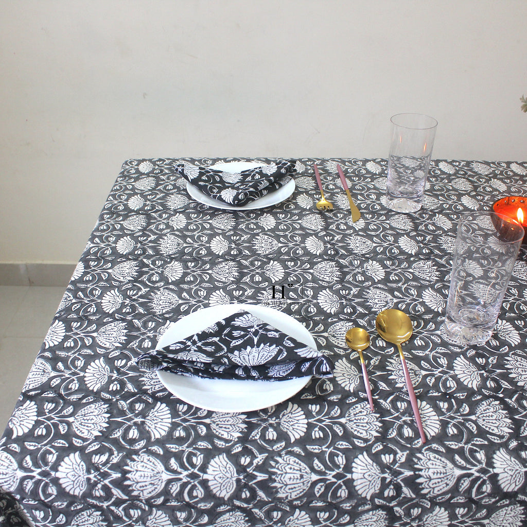 Black Floral Block Print Cotton Tablecloth - Waterproof Rustic Dining Cover