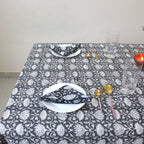 Black Floral Block Print Cotton Tablecloth - Waterproof Rustic Dining Cover