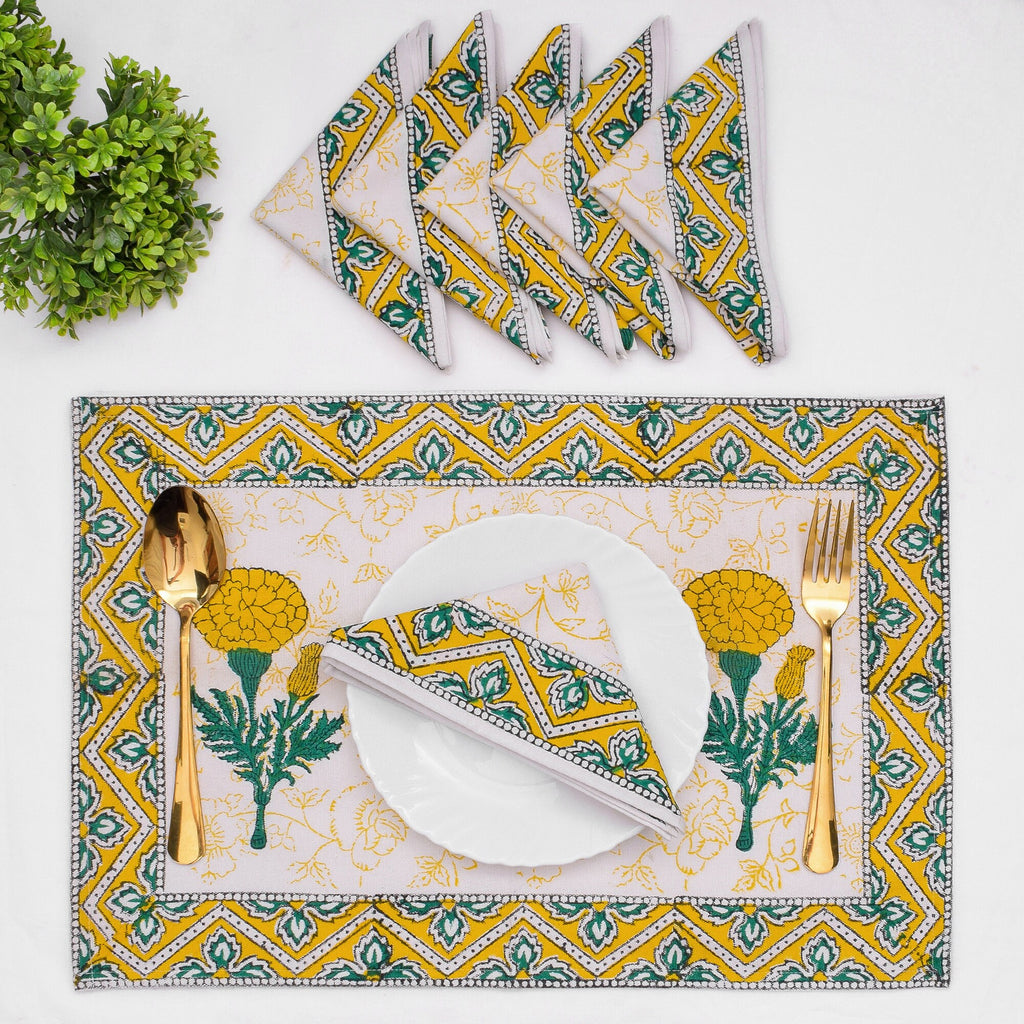 Hand Block Printed Placemats and Napkins: Yellow Green Floral Cotton Set