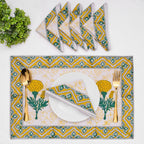 Hand Block Printed Placemats and Napkins: Yellow Green Floral Cotton Set