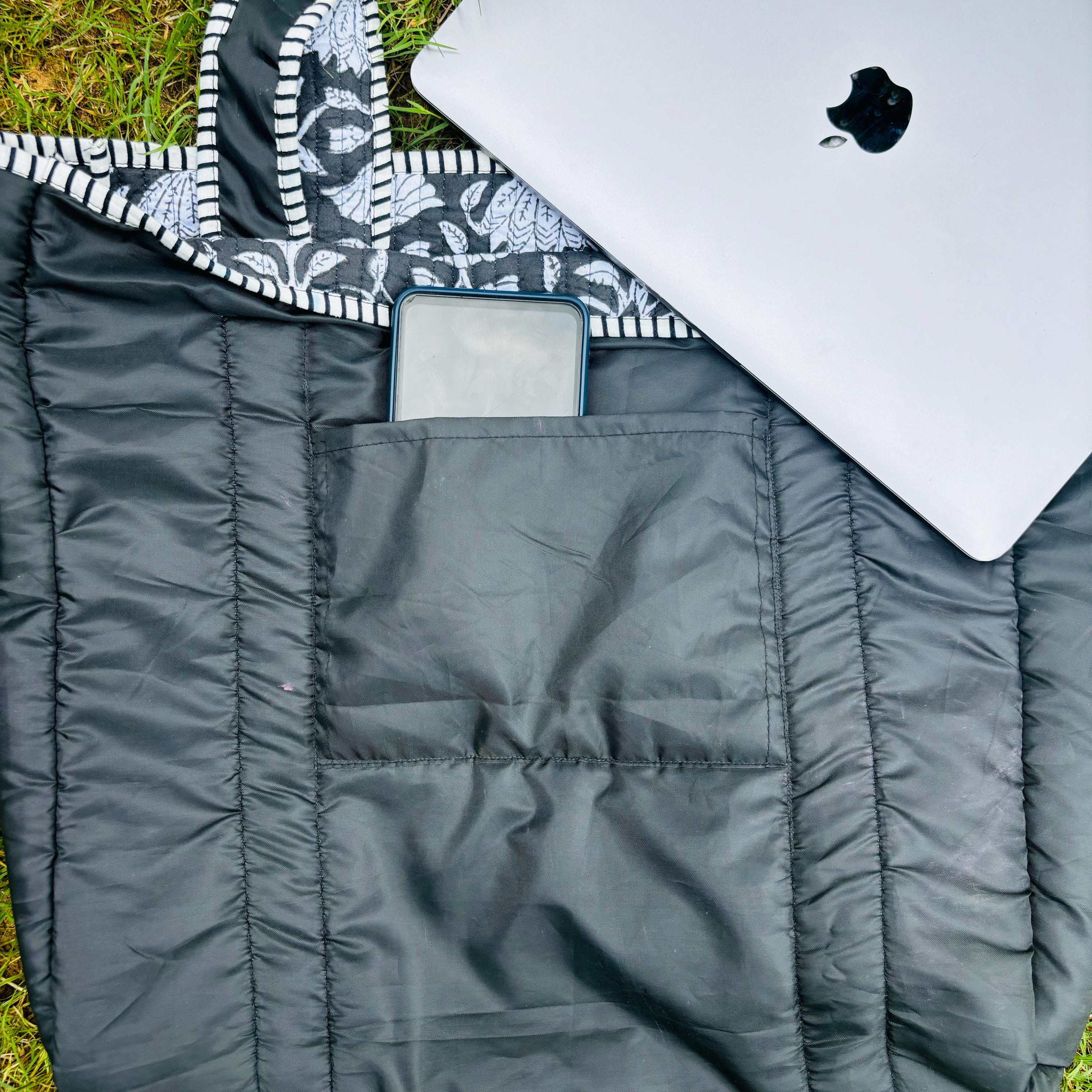 Black Floral Print Quilted Tote Bag: Reversible Waterproof Cotton Travel Bag