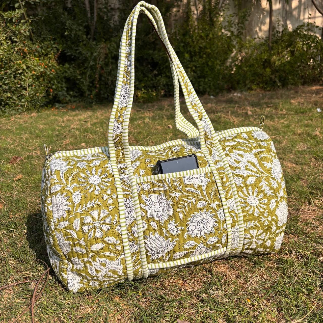Handmade Limerick Green Floral Quilted Duffle Bag: Cotton Travel Gym Bag