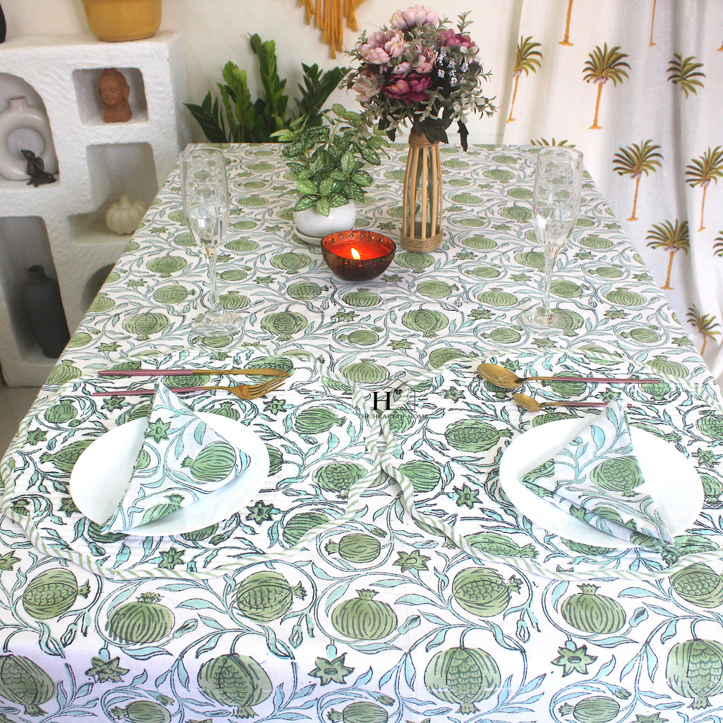 Sage Green Floral Tablecloth: Hand-Block Printed Cotton, Rustic Farmhouse Style
