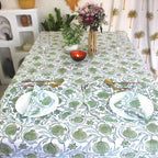 Sage Green Floral Tablecloth: Hand-Block Printed Cotton, Rustic Farmhouse Style