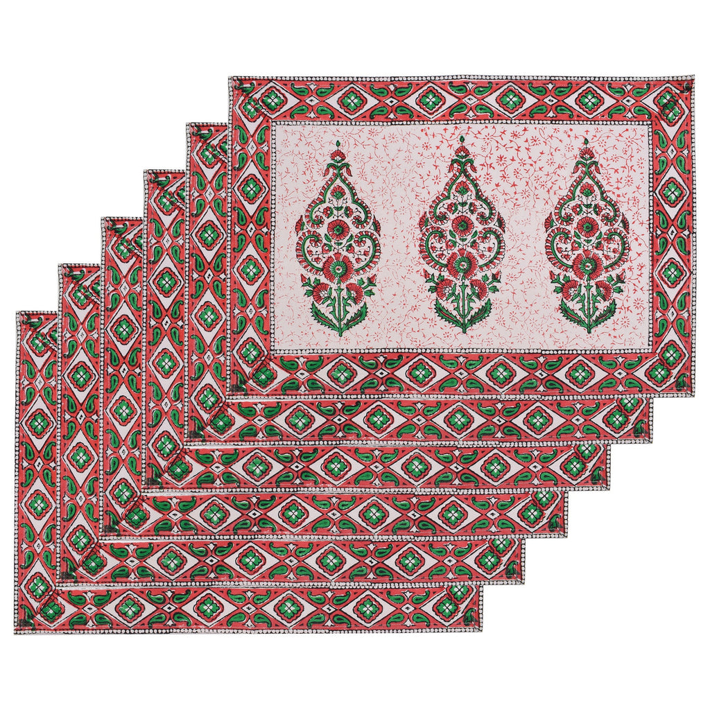 Hand Block Printed Placemats & Napkins: Burgundy Red Floral Cotton Set