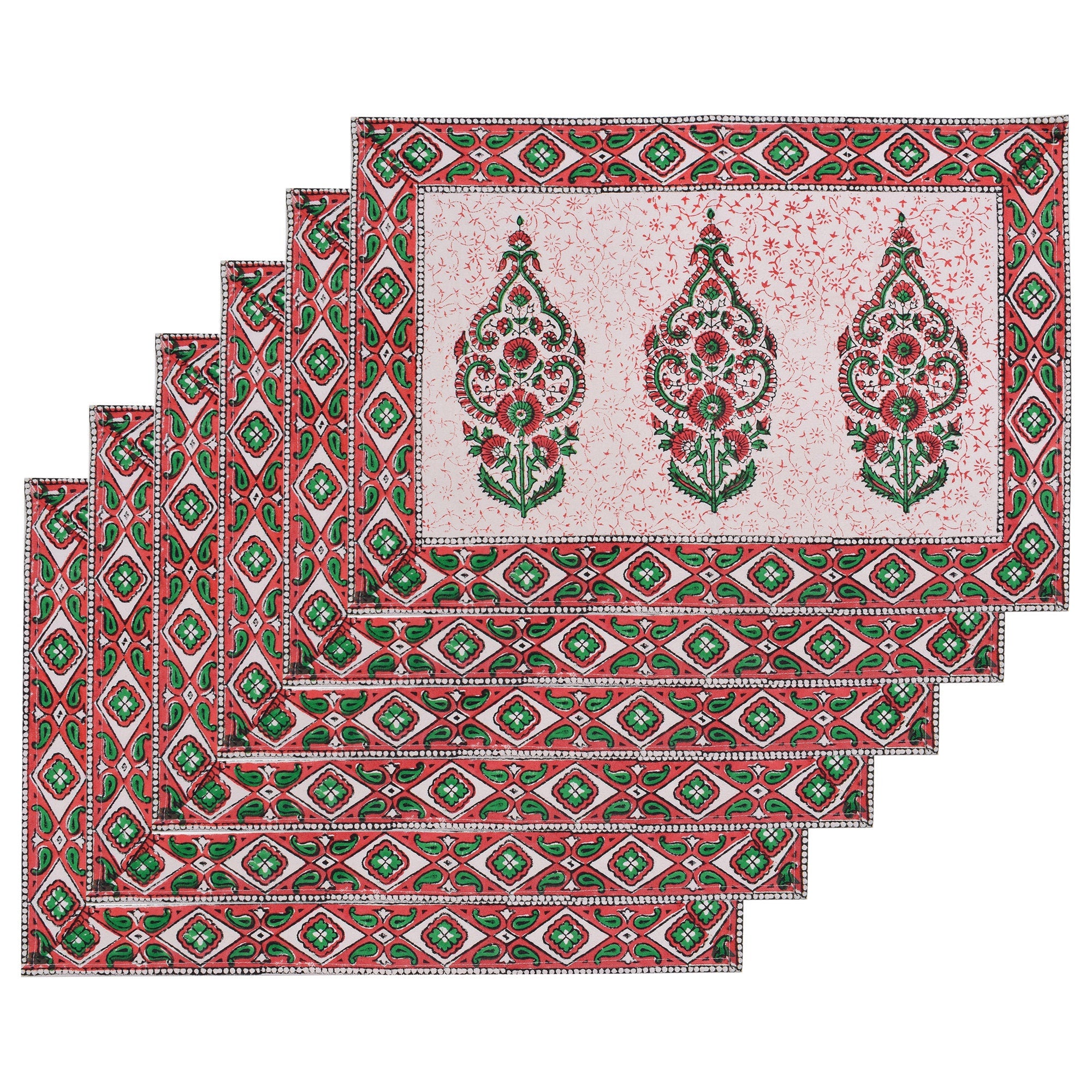 Hand Block Printed Placemats & Napkins: Burgundy Red Floral Cotton Set