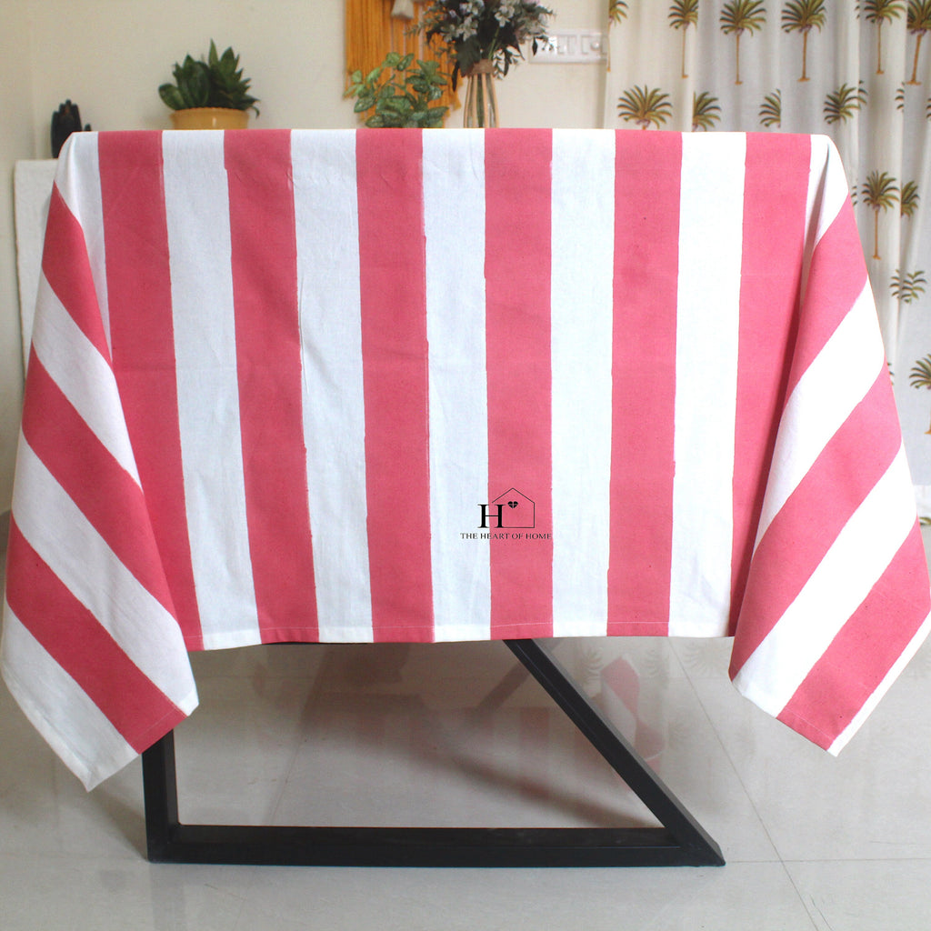 Hand-Block Rosy Pink Stripe Cotton Tablecloth: Waterproof Farmhouse Table Cover