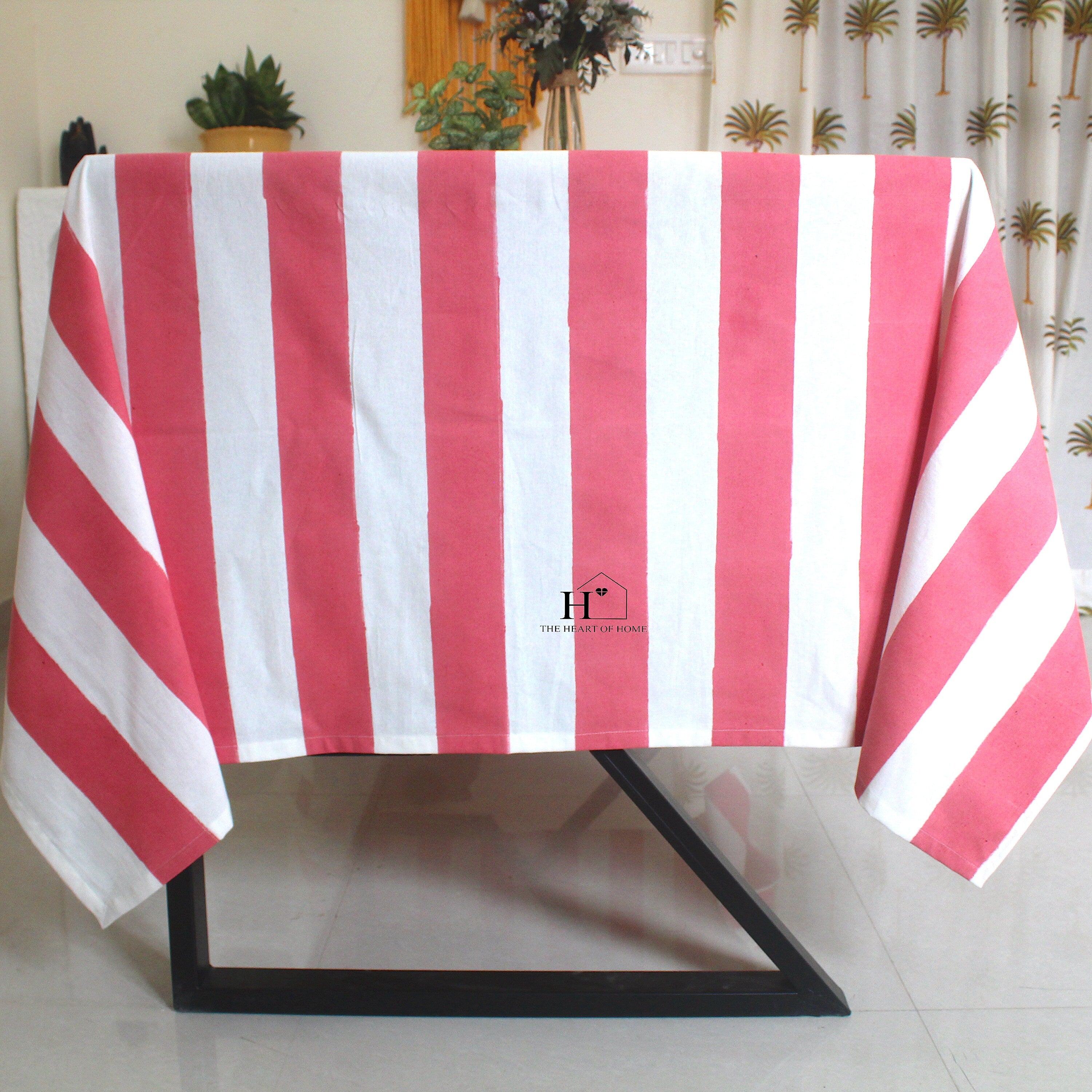 Hand-Block Rosy Pink Stripe Cotton Tablecloth: Waterproof Farmhouse Table Cover