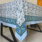 Blue Floral Block Print Tablecloth: Waterproof Cotton Dining Table Cover