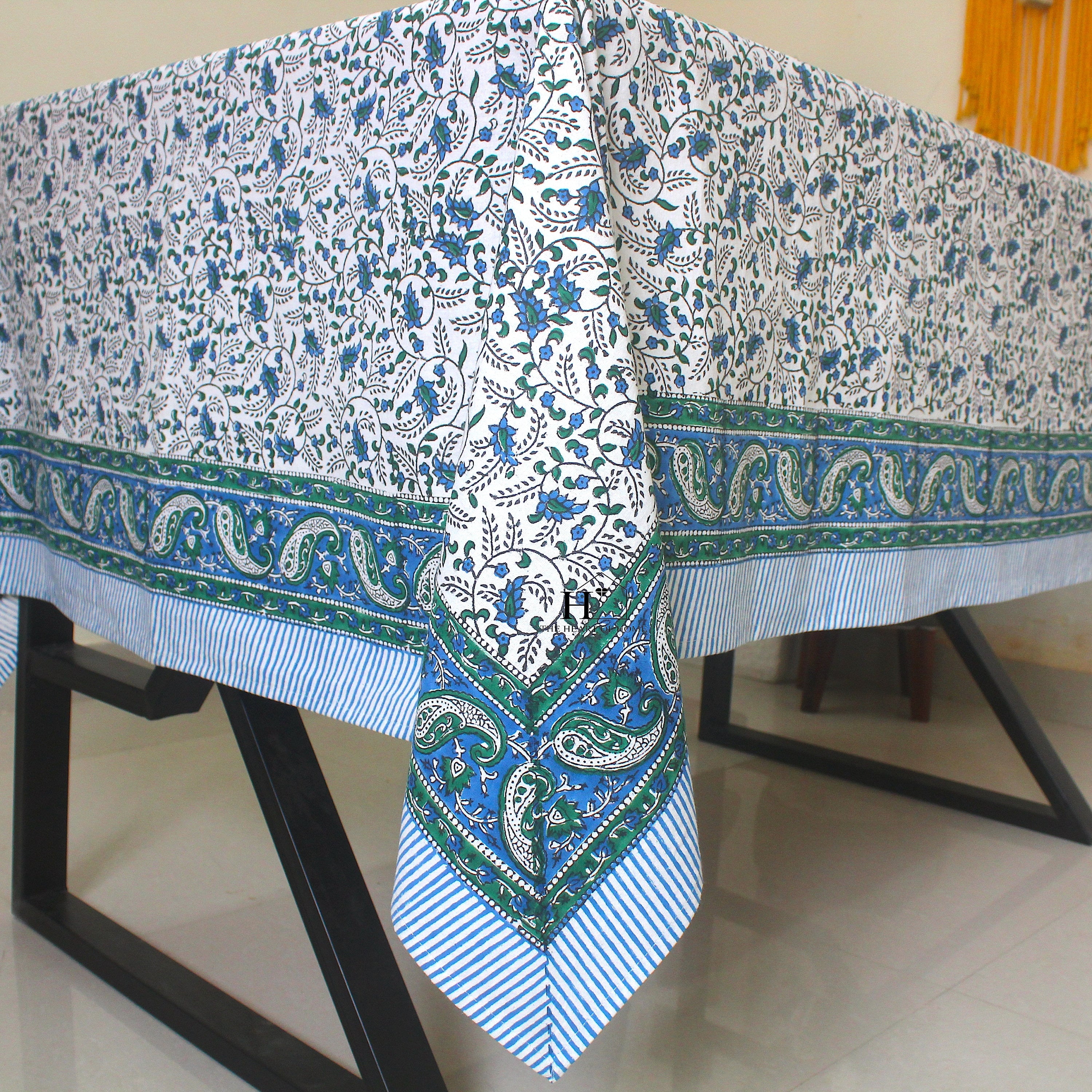 Blue Floral Block Print Tablecloth: Waterproof Cotton Dining Table Cover