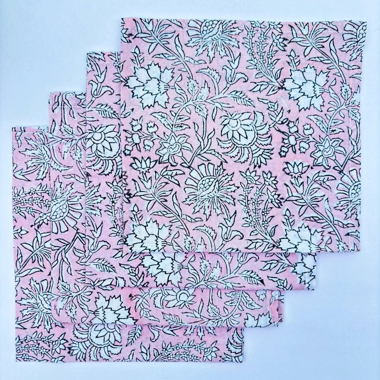 Handmade Salmon Pink Floral Cotton Napkins: Block Printed Table Decor