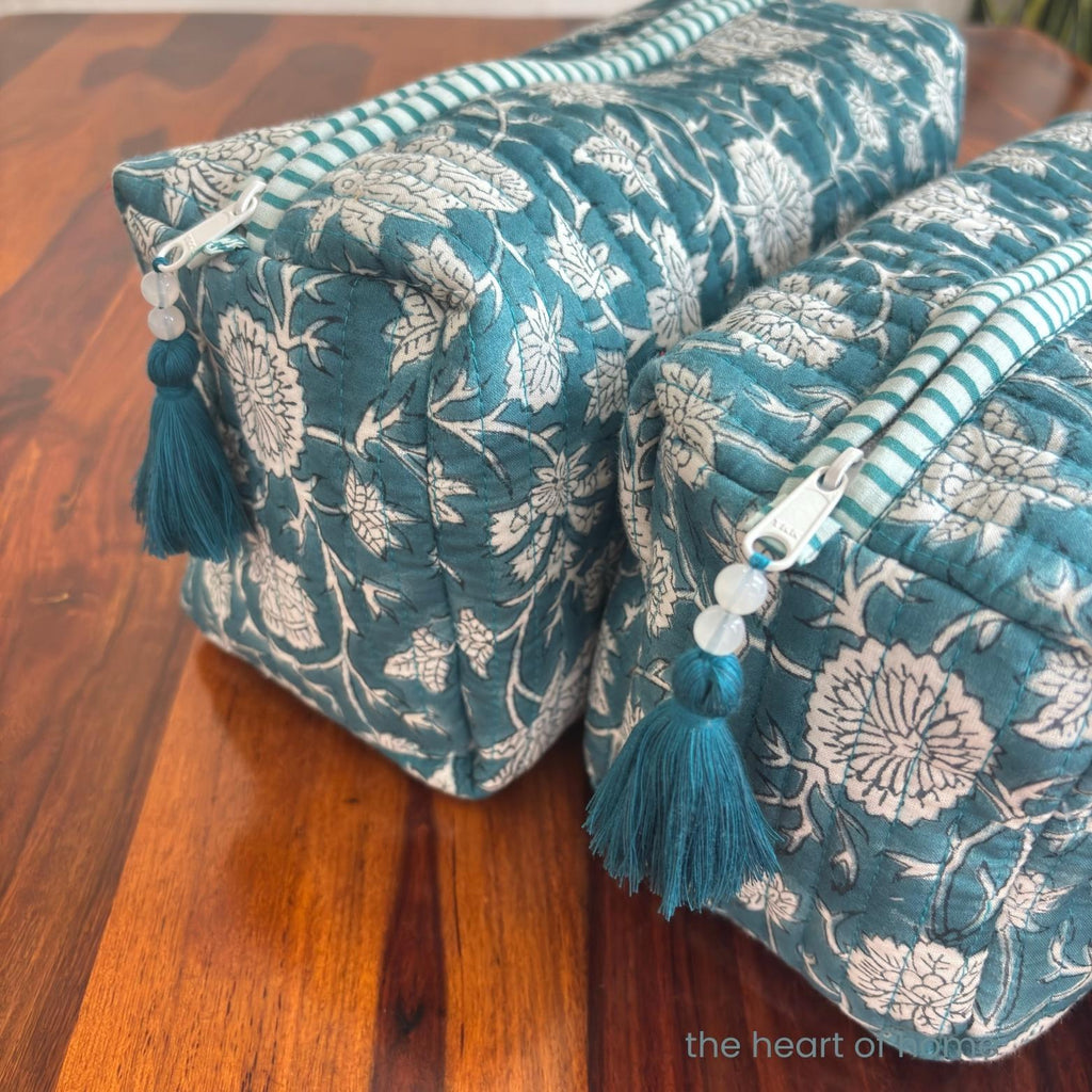Handblock Printed Quilted Cosmetic Pouch Set: Sea Green Travel Bags