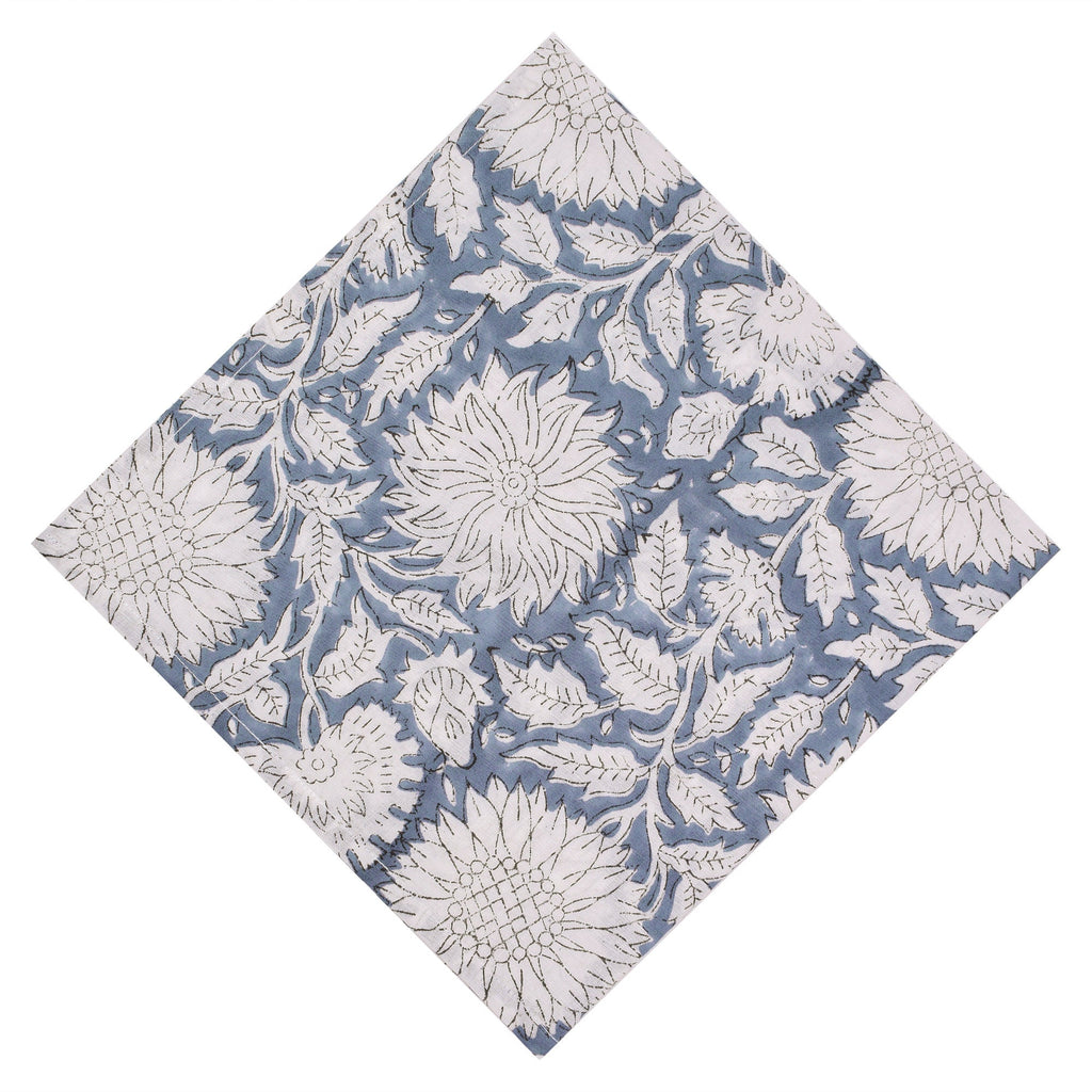 Cobalt Blue Floral Cotton Napkins: Hand Block Printed Table Decor