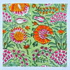 Hand Block Printed Cotton Napkins: Green & Orange Floral Table Decor