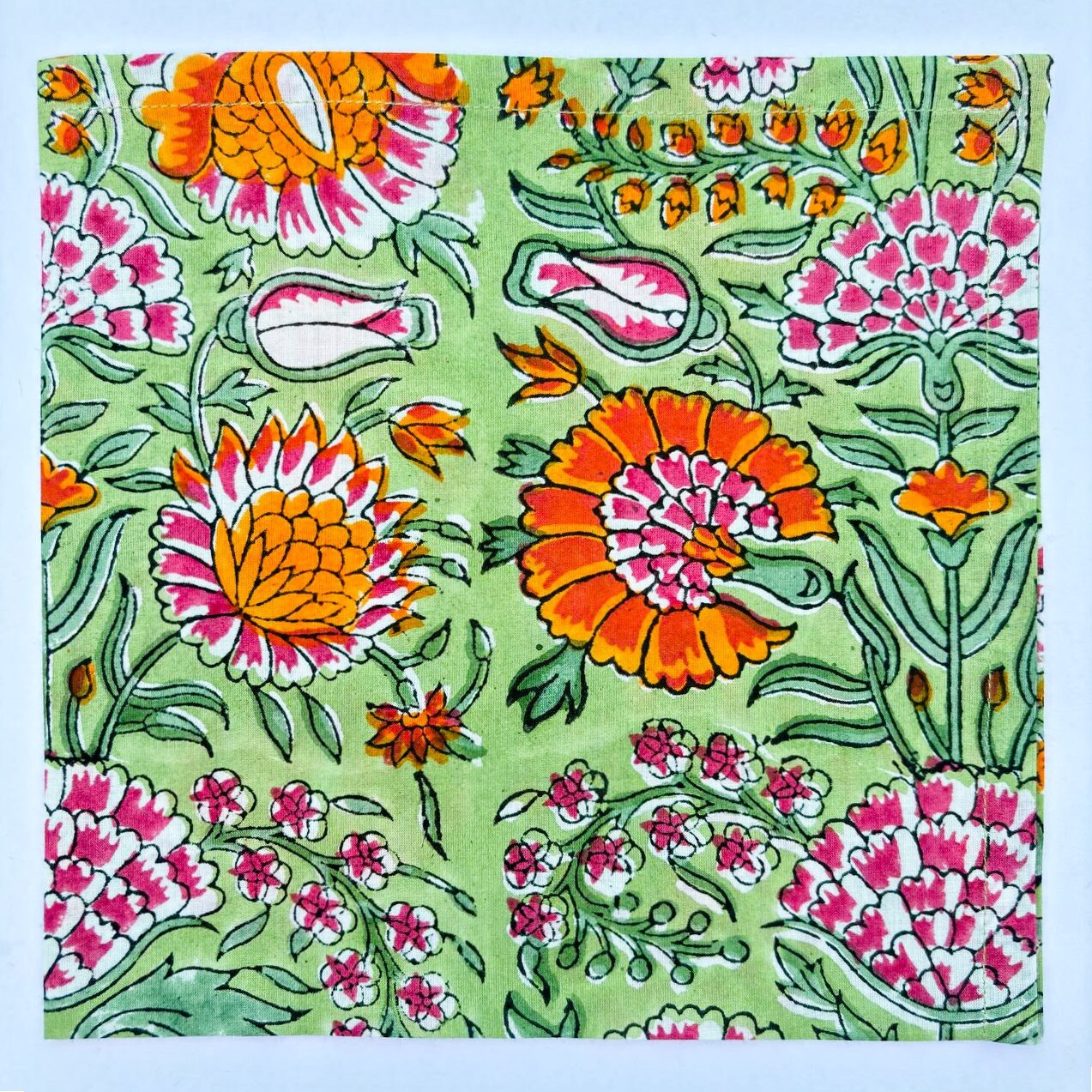 Hand Block Printed Cotton Napkins: Green & Orange Floral Table Decor