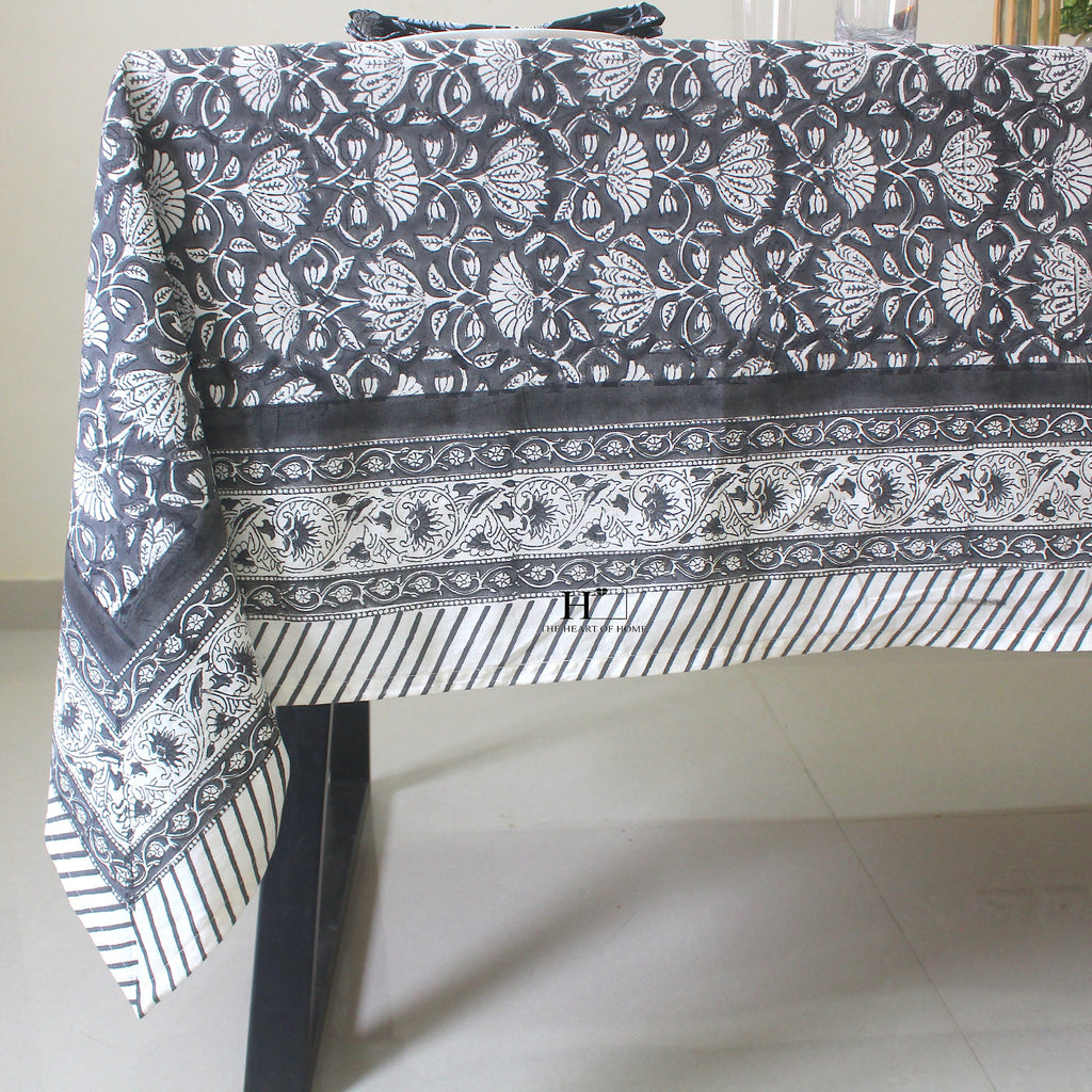 Black Floral Block Print Cotton Tablecloth - Waterproof Rustic Dining Cover