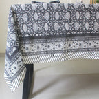 Black Floral Block Print Cotton Tablecloth - Waterproof Rustic Dining Cover
