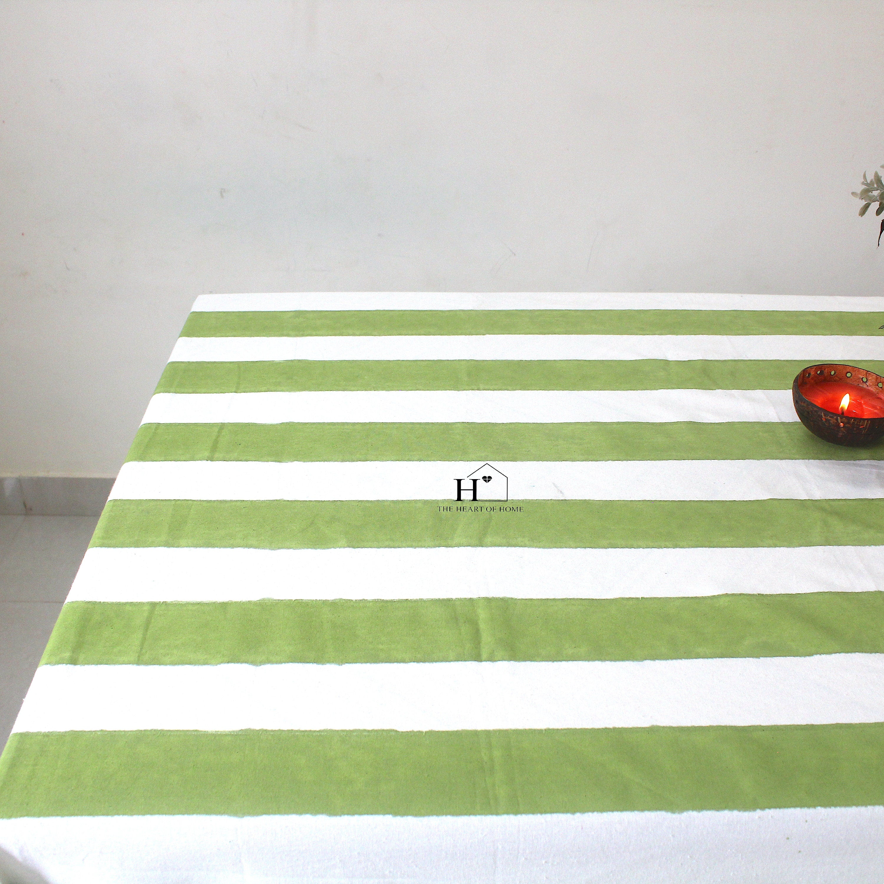 Hand-Block Printed Cotton Tablecloth: Green Stripe Minimalist Decor