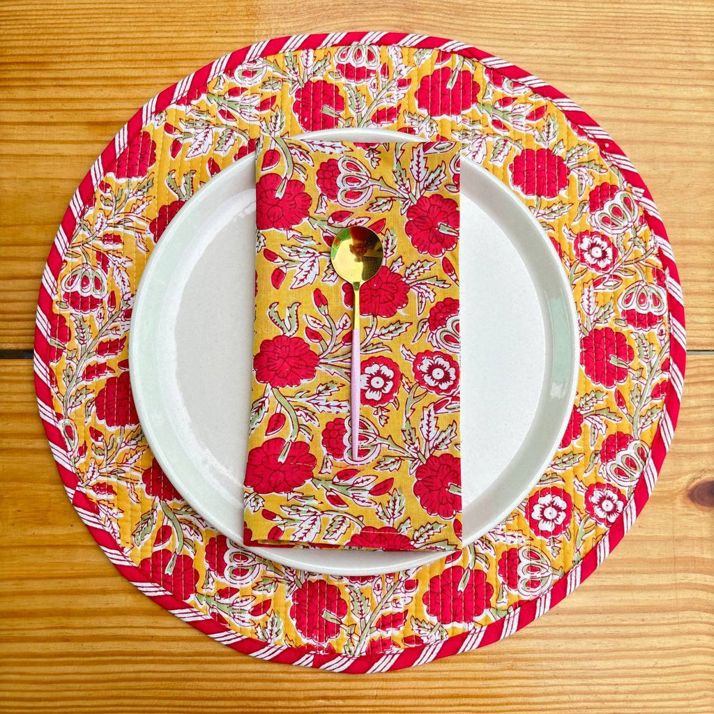 Floral Quilted Placemats & Napkins Set: Mustard Yellow Indian Craft (15x15 inches)