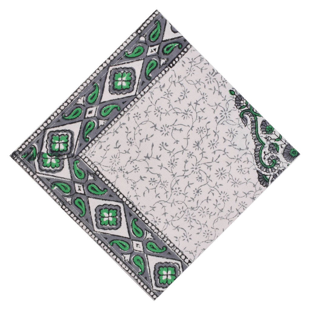 Hand Block Printed Cotton Placemats and Napkins: Gray & Green Floral