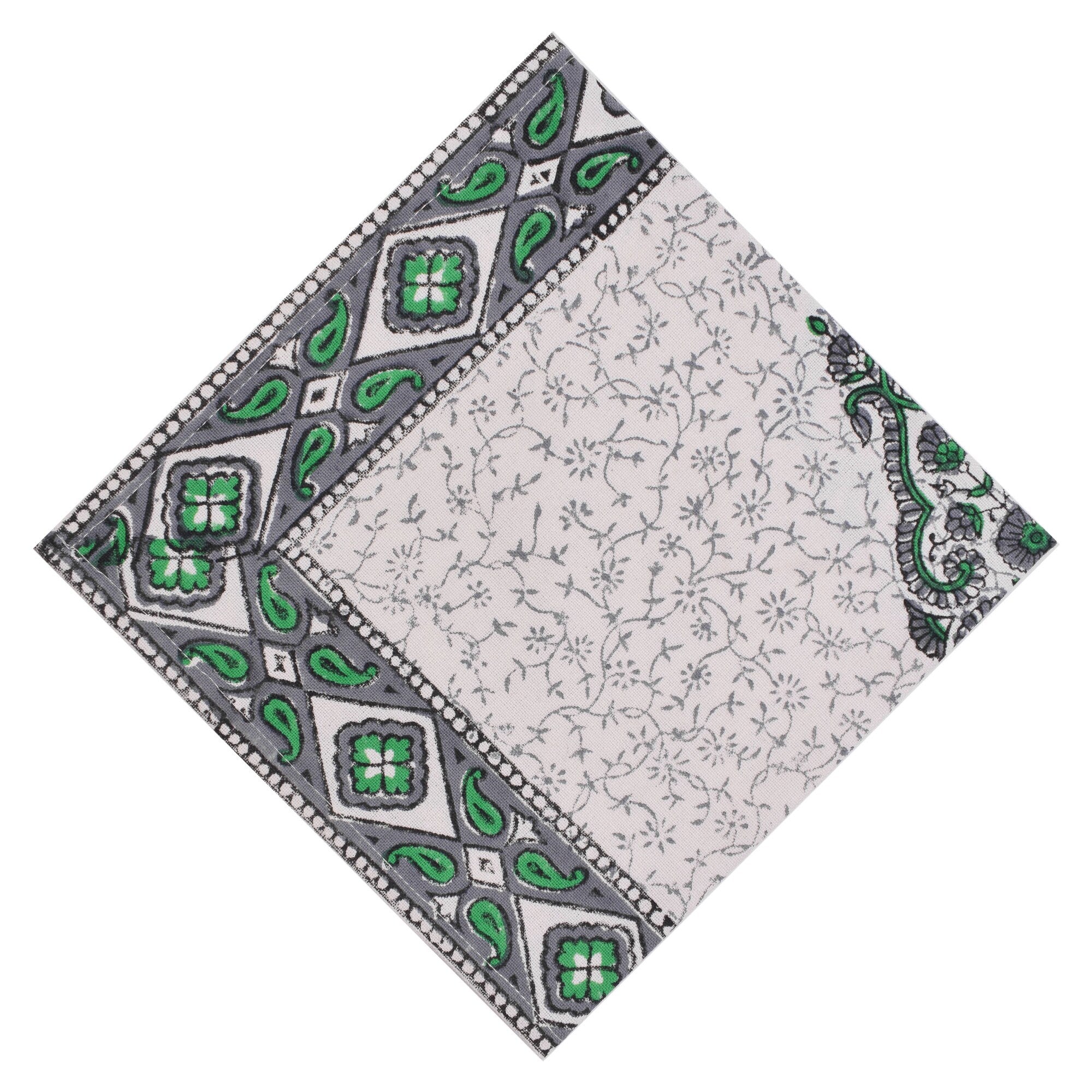Hand Block Printed Cotton Placemats and Napkins: Gray & Green Floral